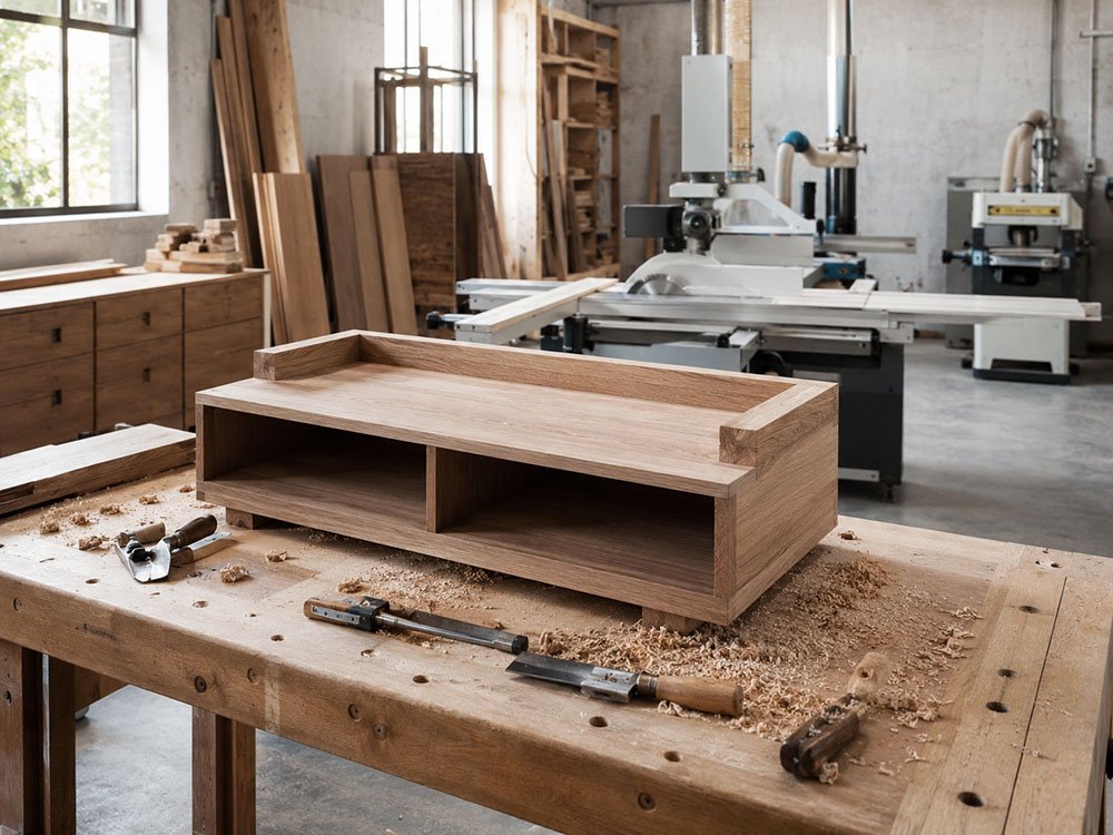 Tischlerei in Hopsten – Georg Lindemann Moderne Tischlerwerkstatt mit Werkbank, Holzwerkstücken und Maschinen bei der Tischlerei Georg Lindemann in Hopsten
